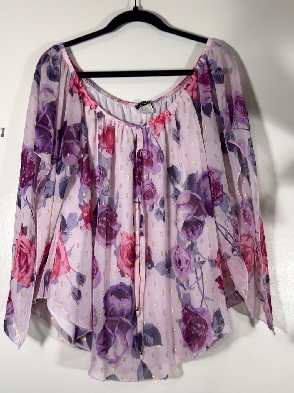 VENUS Lilac Floral Sheer Blouse with Gold Accents